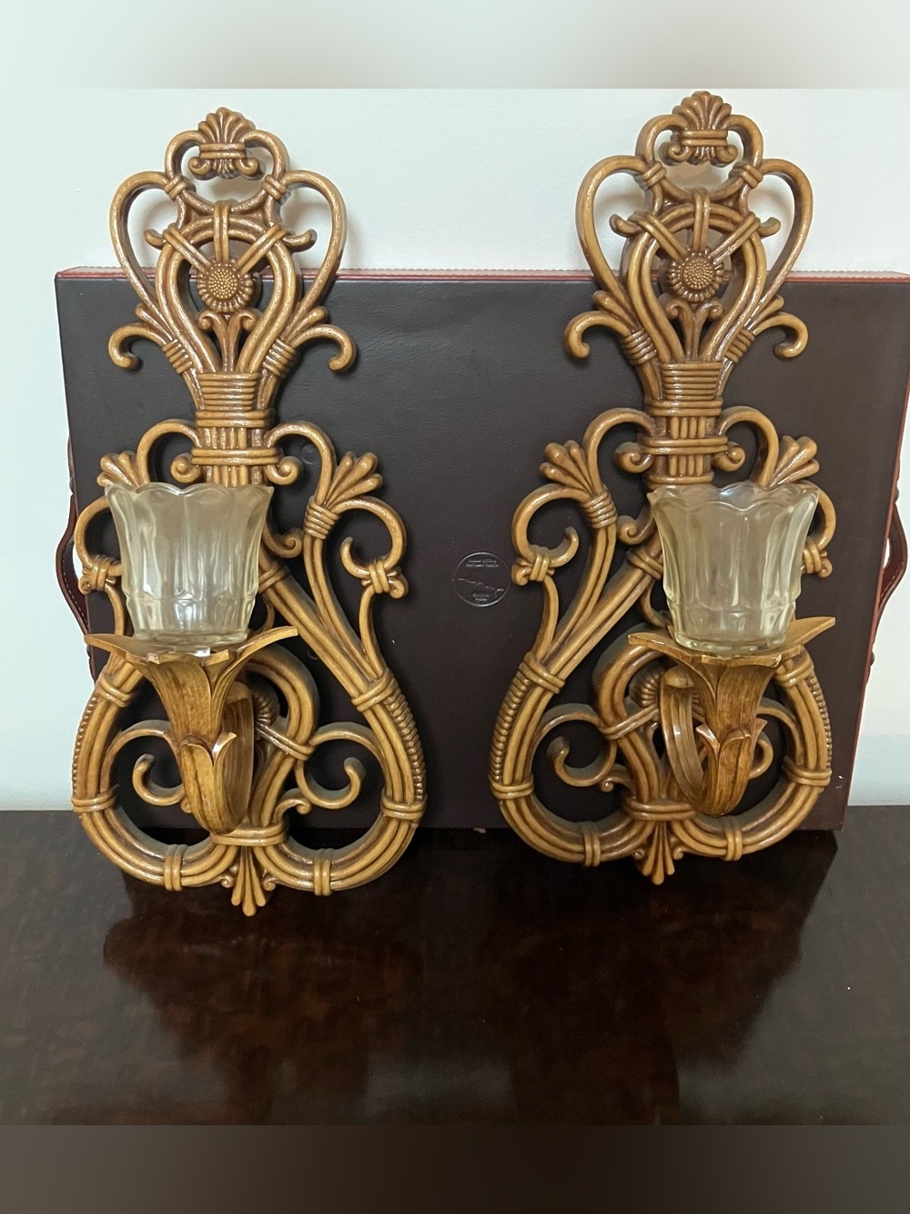 VTG Bamboo Style Wall Sconce Candle Holders Set Of 2 Brown Resin Boho MCM